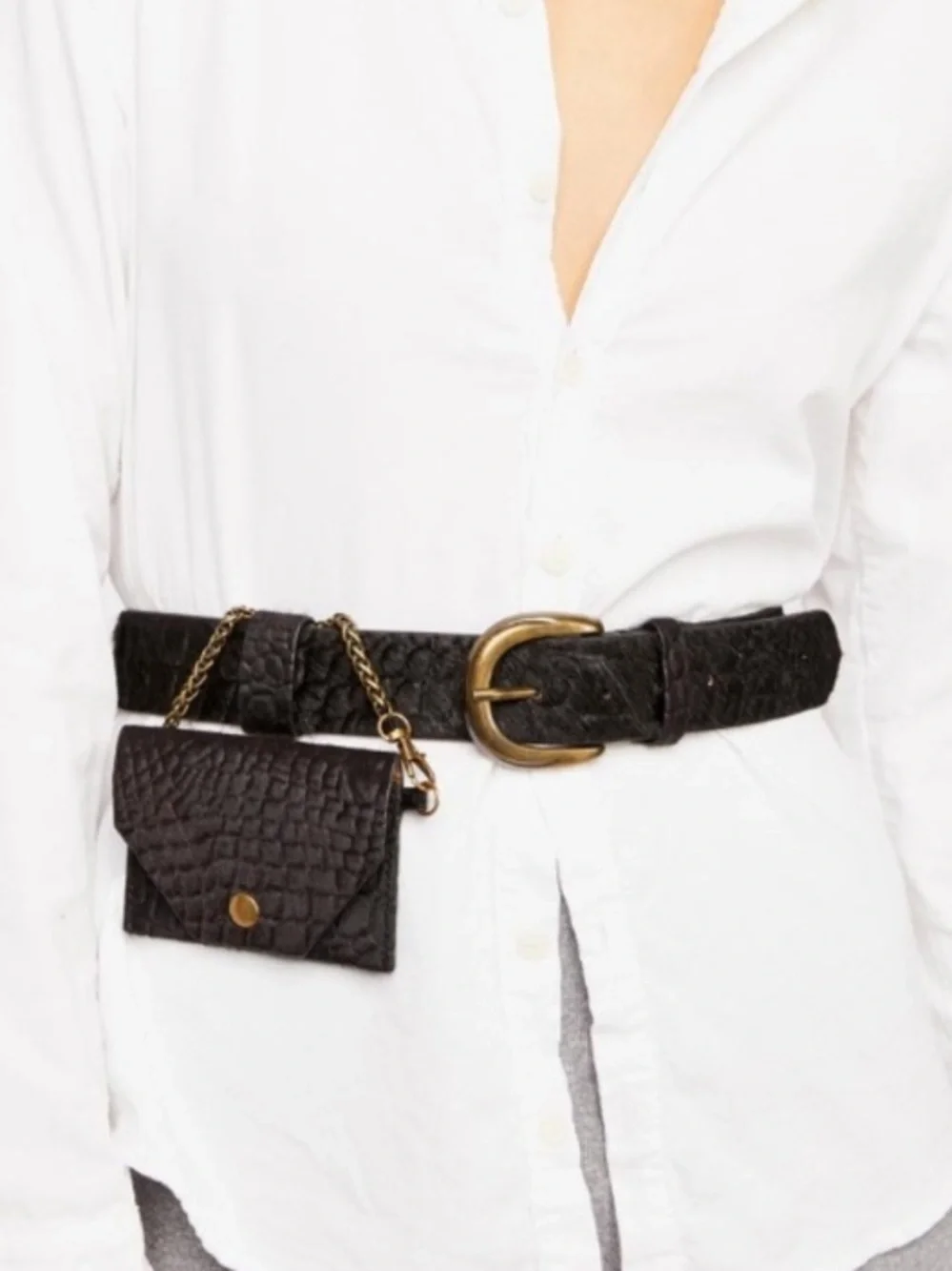 Free People Cassie Coin Black Snake Embossed Calf Hair Leather Belt – M/L